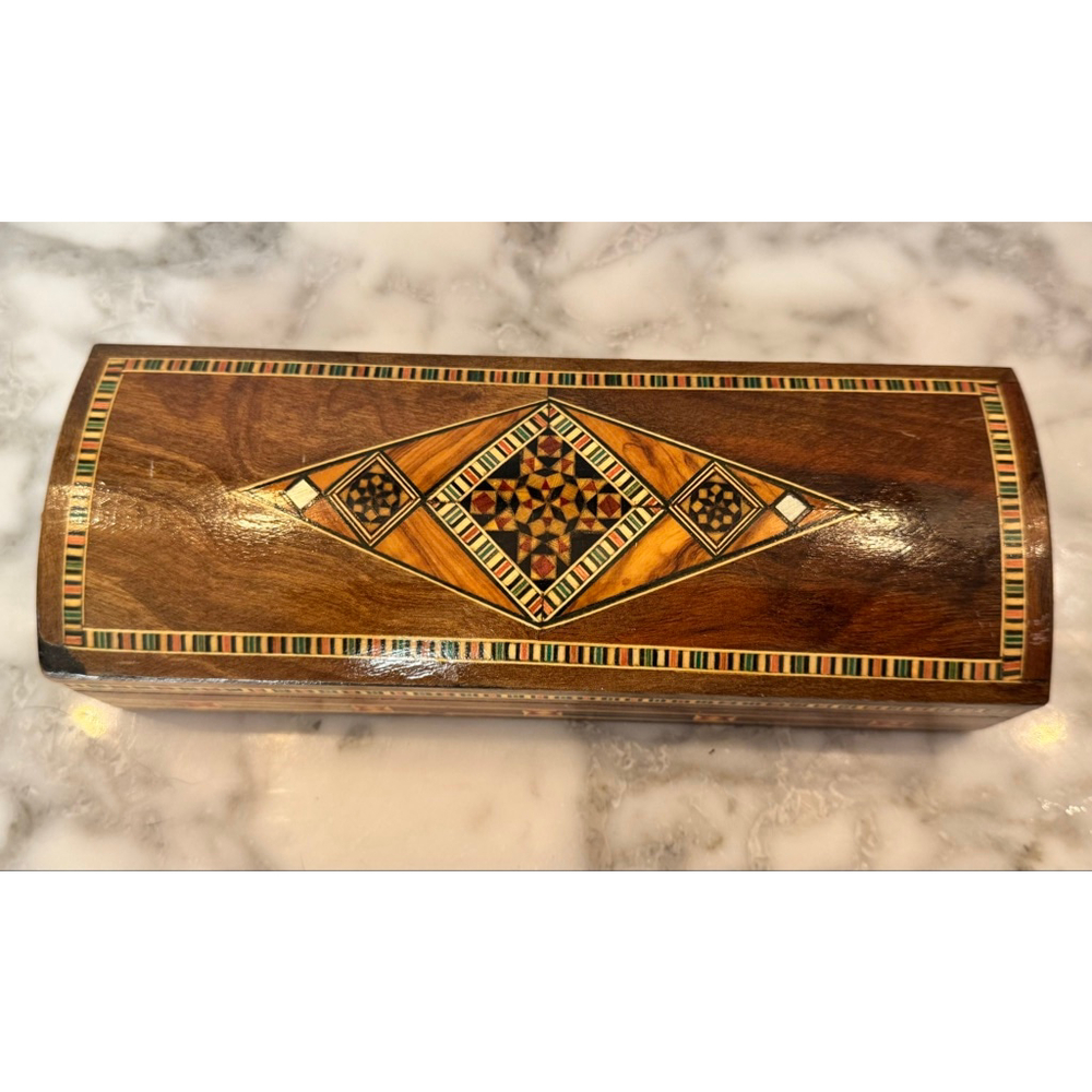 Vintage Inlaid Wood Marquetry Jewelry Box Geometric Mosaic Middle Eastern Style